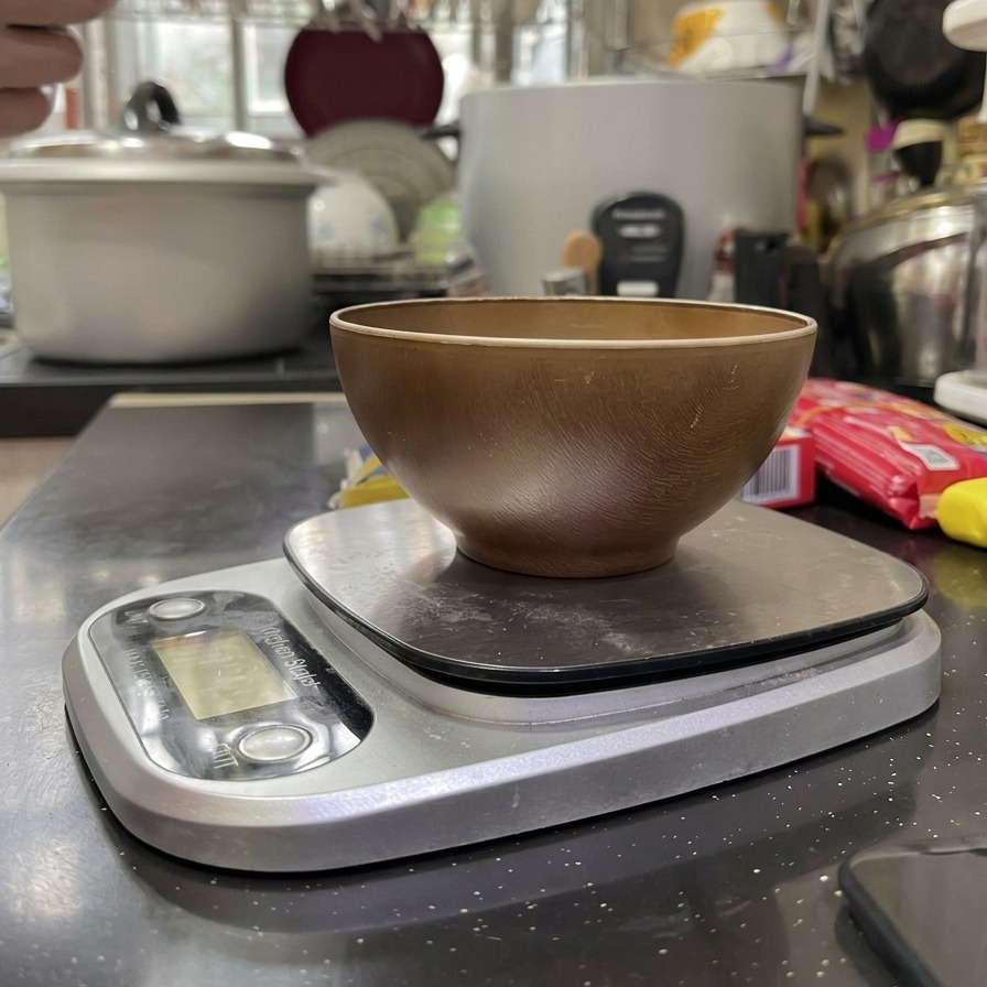 Une main versant des macaronis crus depuis un sachet en plastique vert dans un petit bol en bois posé sur une balance de cuisine numérique argentée.