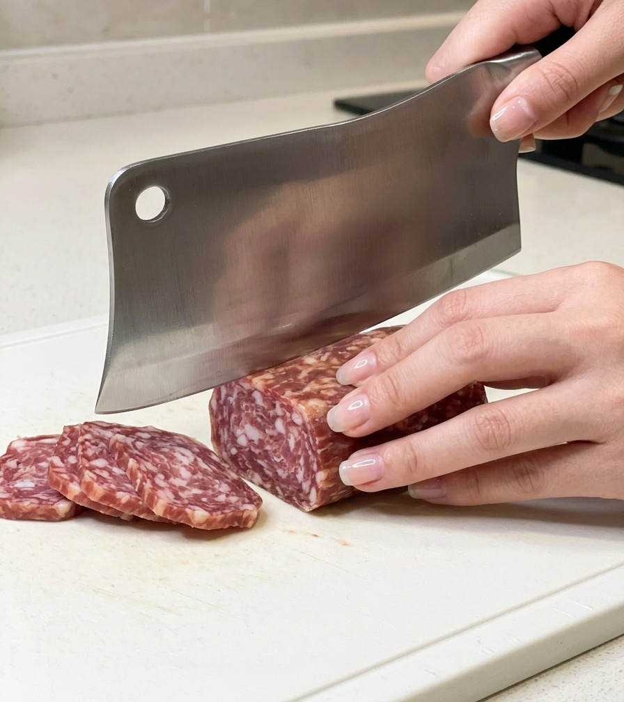 Des mains coupant un bloc rectangulaire de salami de bœuf persillé en petits cubes sur une planche à découper en plastique blanc à laide dun grand couperet en métal.