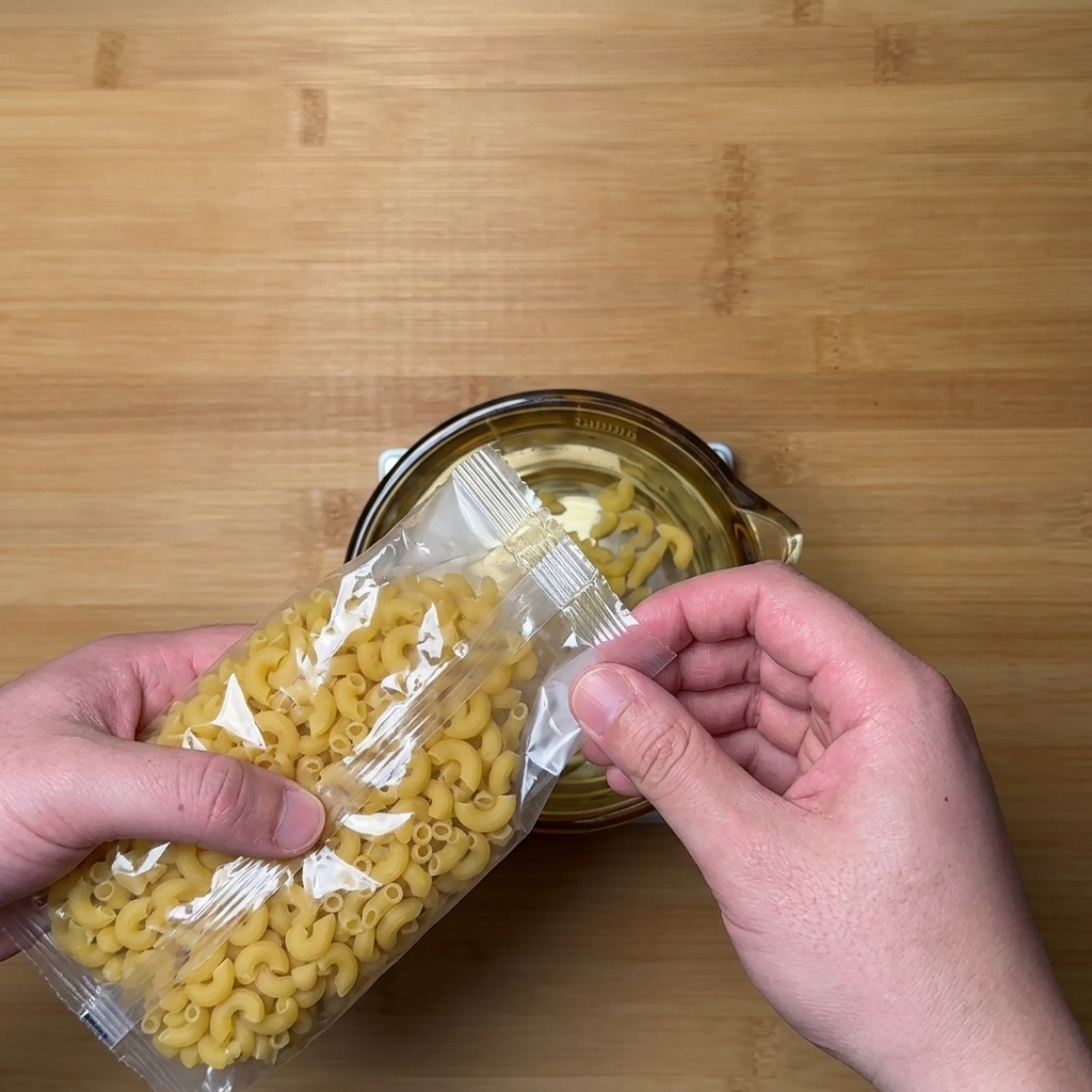 Macaronis coudés secs versés dun sachet en plastique transparent dans un bol en verre sur une balance de cuisine numérique.
