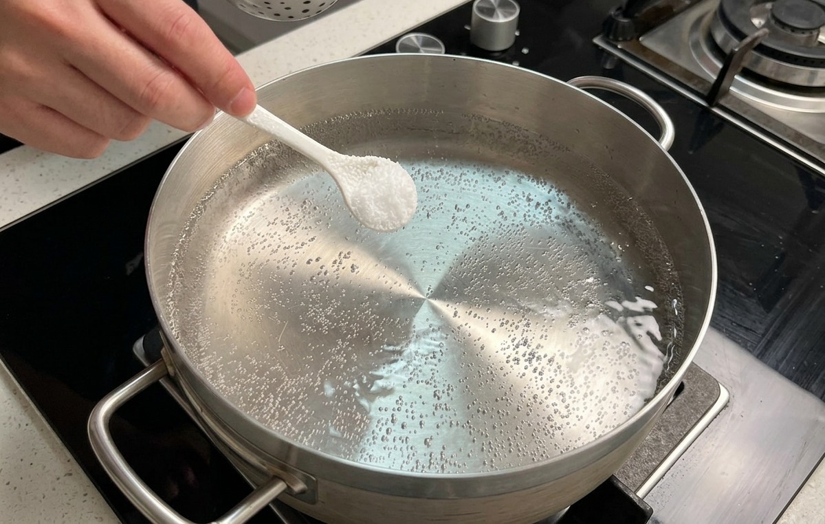 Une main versant une petite cuillère de sel dans une casserole en acier inoxydable contenant de leau en pleine ébullition.