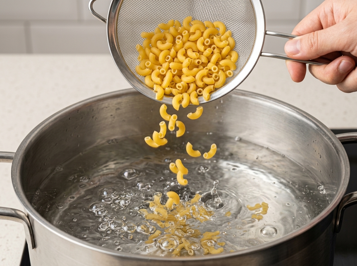 Macaronis secs versés dune petite passoire métallique dans une casserole deau bouillante.