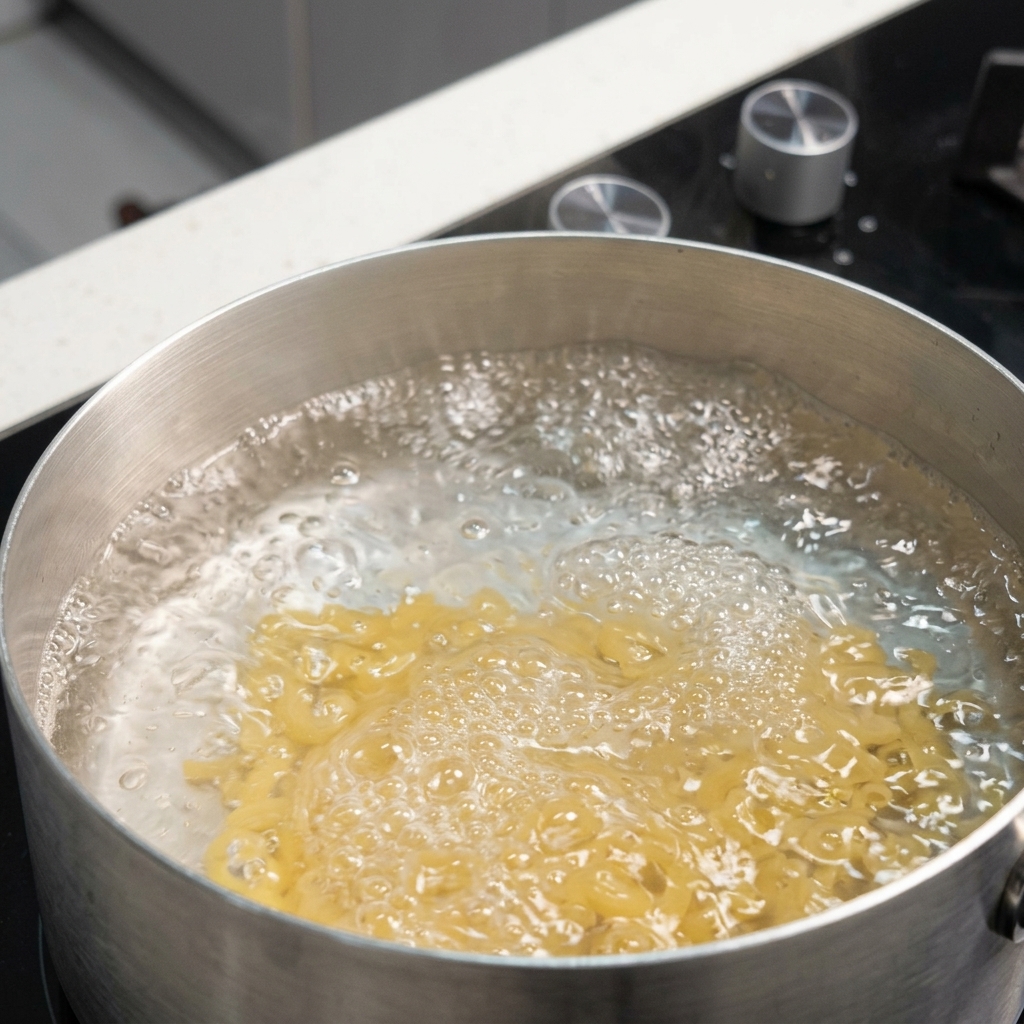 Macaronis coudés immergés dans de leau bouillante bouillonnante à lintérieur dune casserole en acier inoxydable.