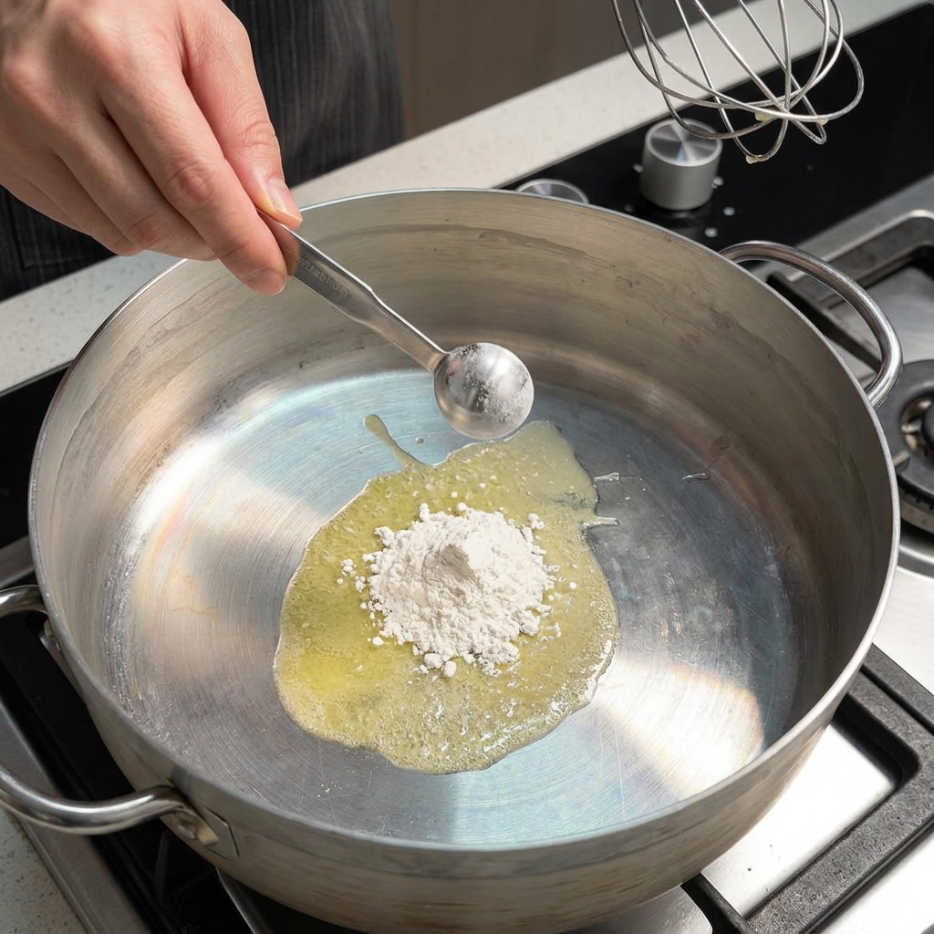 Une cuillère en métal ajoutant de la farine blanche à du beurre fondu dans une grande poêle métallique, avec un fouet prêt à mélanger.