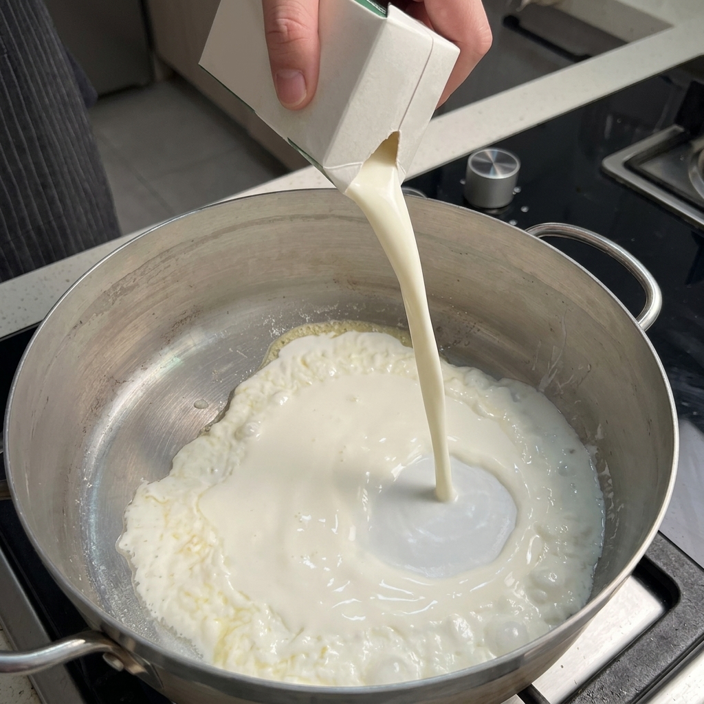 Une brique de lait versant un liquide blanc dans une poêle chaude contenant un mélange de beurre et de farine.