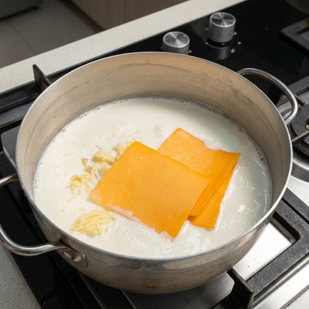 Tranches de cheddar orange et fromage jaune pâle râpé reposant dans une base de lait frémissante dans une poêle en métal.