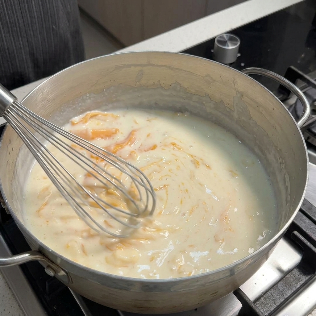 Un fouet métallique remuant continuellement une sauce au fromage épaisse et crémeuse dans une poêle sur une cuisinière.