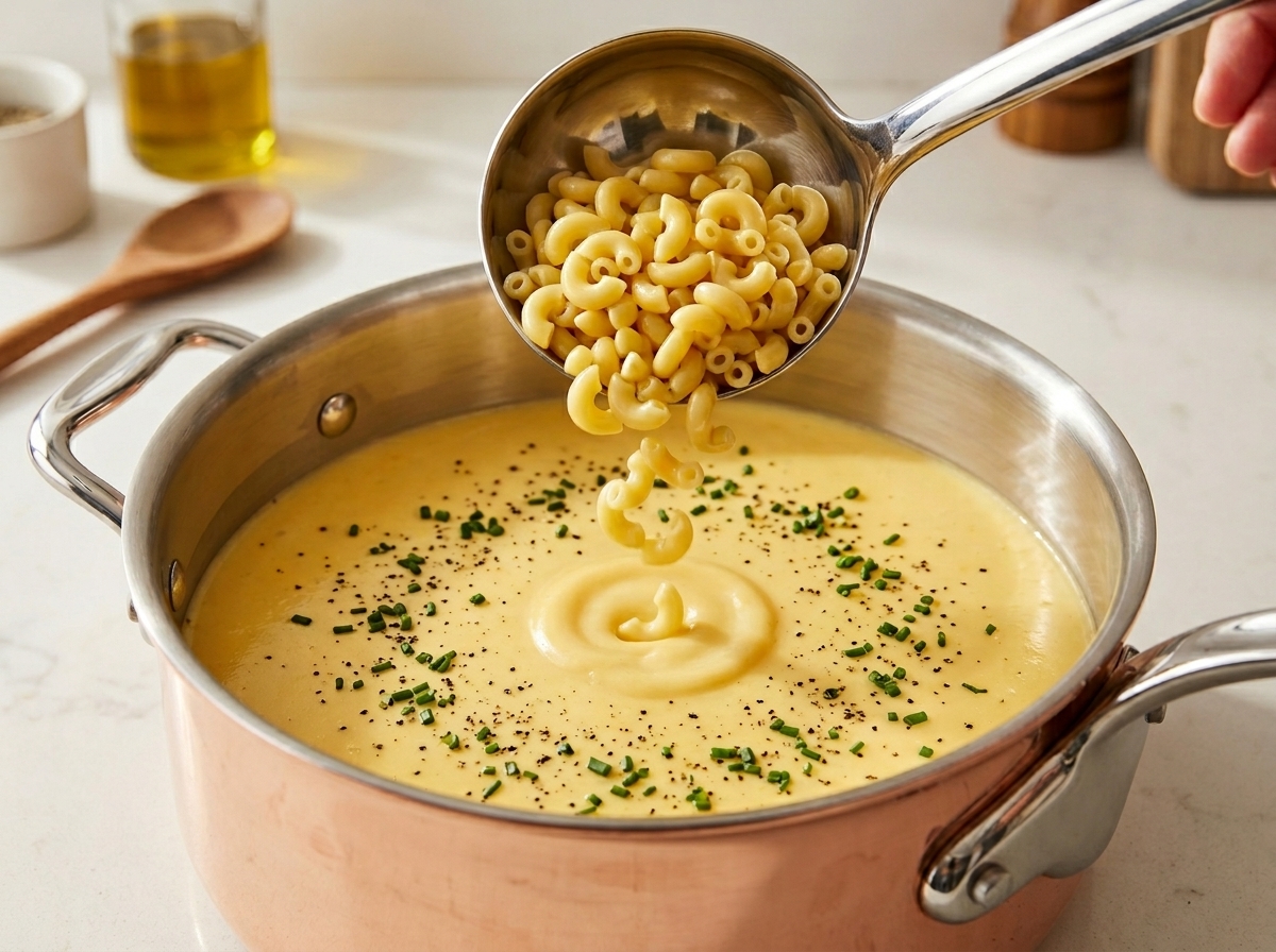 Une louche en acier inoxydable versant des macaronis cuits dans une poêle en cuivre remplie dune sauce au fromage crémeuse parsemée dherbes.