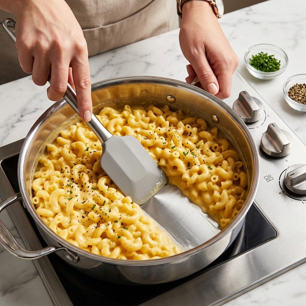 Une spatule en silicone gris remuant des macaronis au fromage épais et crémeux dans une poêle en acier inoxydable sur une cuisinière.