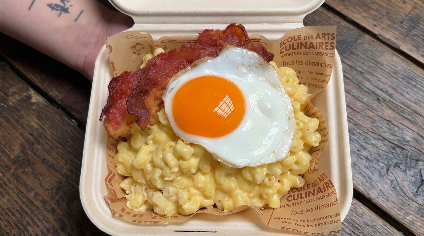Mac & Cheese crémeux à la poêle au bacon et œuf sur le plat