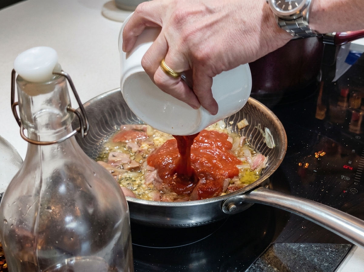 Sauce tomate rouge vif versée depuis un bol en céramique blanche dans une poêle contenant les lardons et les oignons frits.