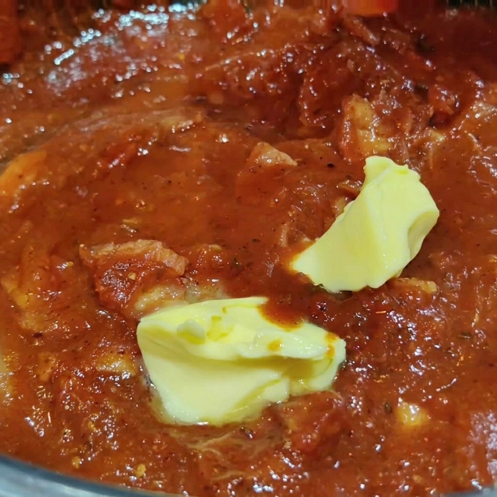 Noisettes de beurre jaune fondant dans une sauce tomate rouge aux lardons qui mijote.