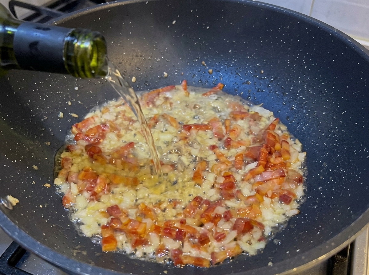 Vin blanc versé depuis une bouteille dans une poêle contenant de la pancetta croustillante et des oignons émincés, créant de la vapeur.