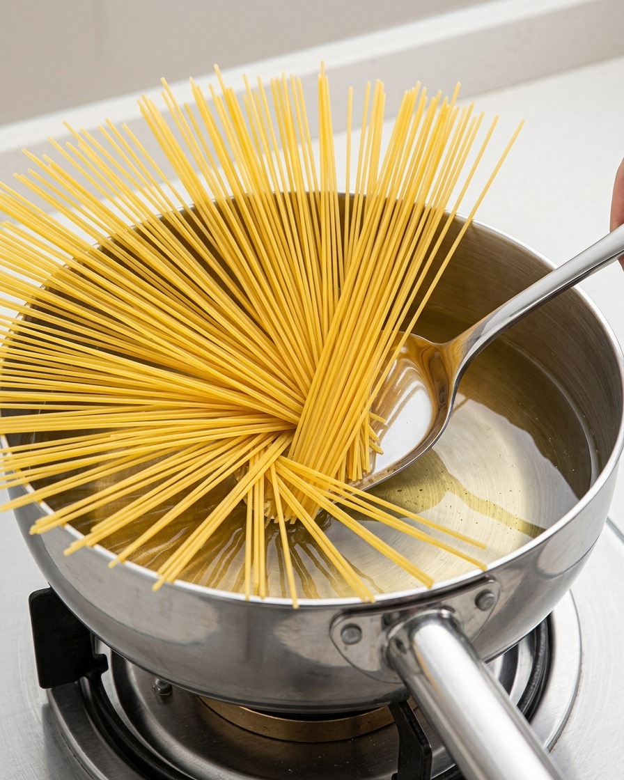 Un nid de spaghetti secs sévasant alors quil est plongé dans une casserole en acier inoxydable deau bouillante.