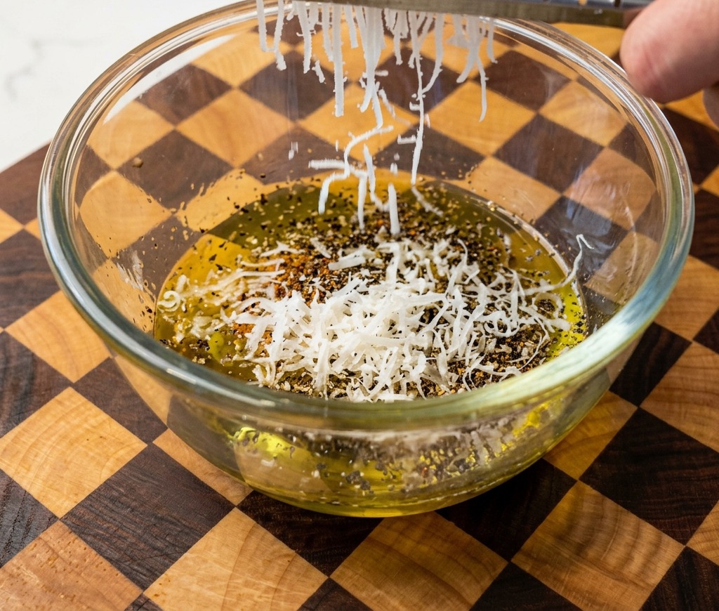 Fromage Pecorino Romano finement râpé tombant dune râpe métallique dans un bol dœufs assaisonnés.
