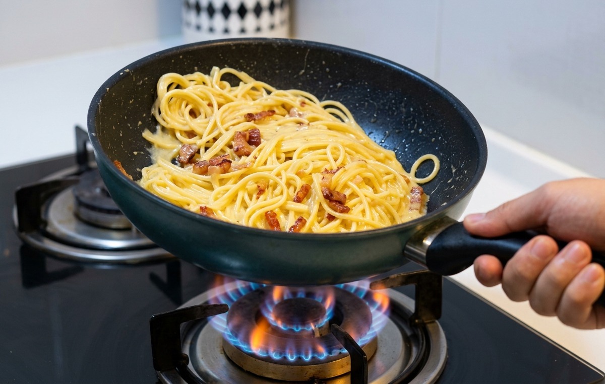 Soulever et faire sauter une poêle contenant des spaghetti et de la pancetta croustillante au-dessus dune flamme de gaz bleue.
