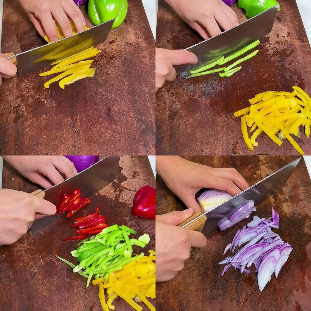 Un montage de quatre photos montrant une personne coupant des poivrons jaunes, verts, rouges et un oignon rouge en fines lanières sur une planche en bois.