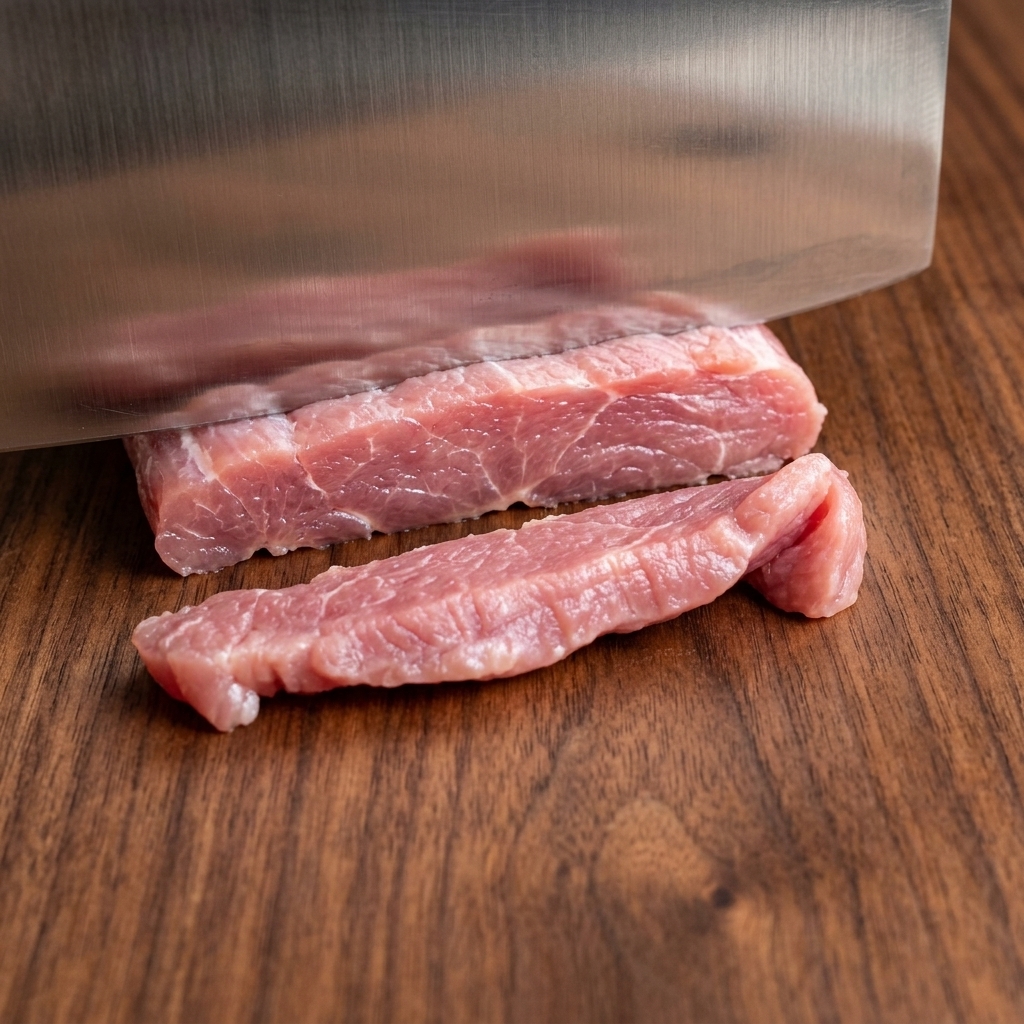 Gros plan dun couteau coupant un morceau de filet de porc cru pour former de fines lamelles sur une planche en bois.