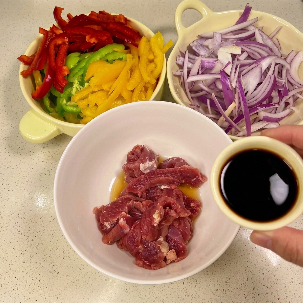 Une main versant de la sauce soja foncée sur des lamelles de porc cru dans un bol blanc, avec des légumes coupés en arrière-plan.