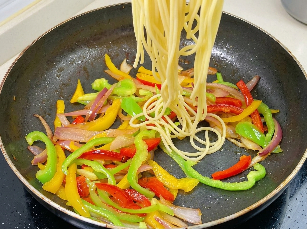 Des spaghettis cuits ajoutés dans une poêle remplie de poivrons multicolores et doignons sautés.