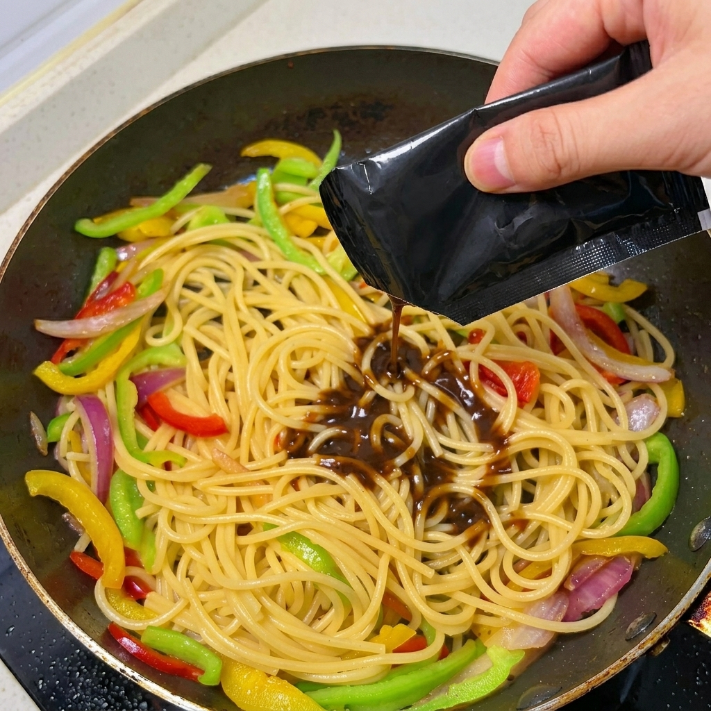 Une main versant une sauce sombre au poivre noir sur des spaghettis et des poivrons colorés dans une poêle chaude.