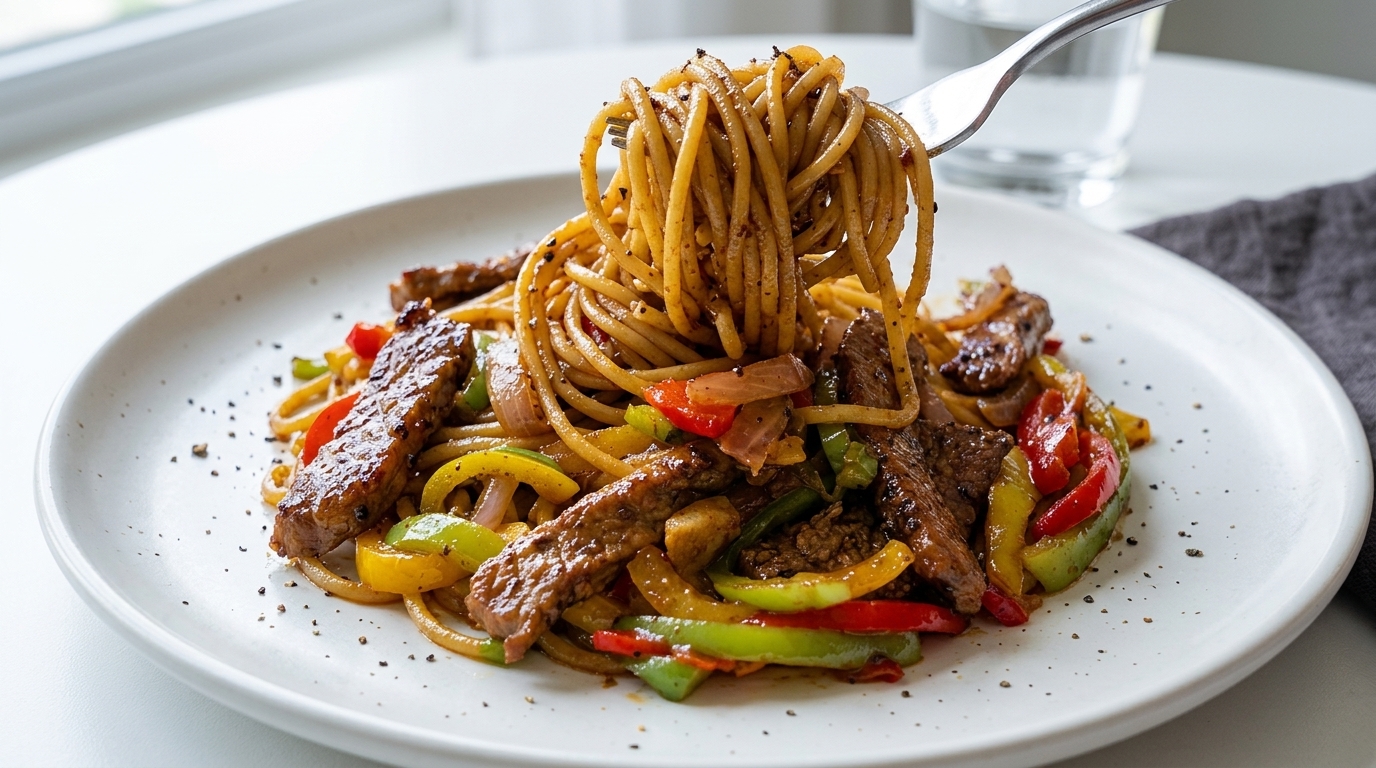 Pâtes sautées au filet de porc et poivre noir