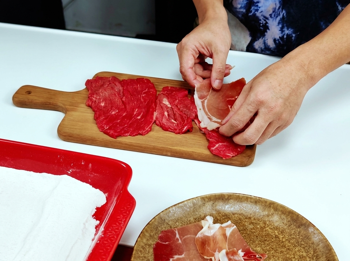 Mains déposant de fines tranches de jambon prosciutto sur les escalopes de veau.