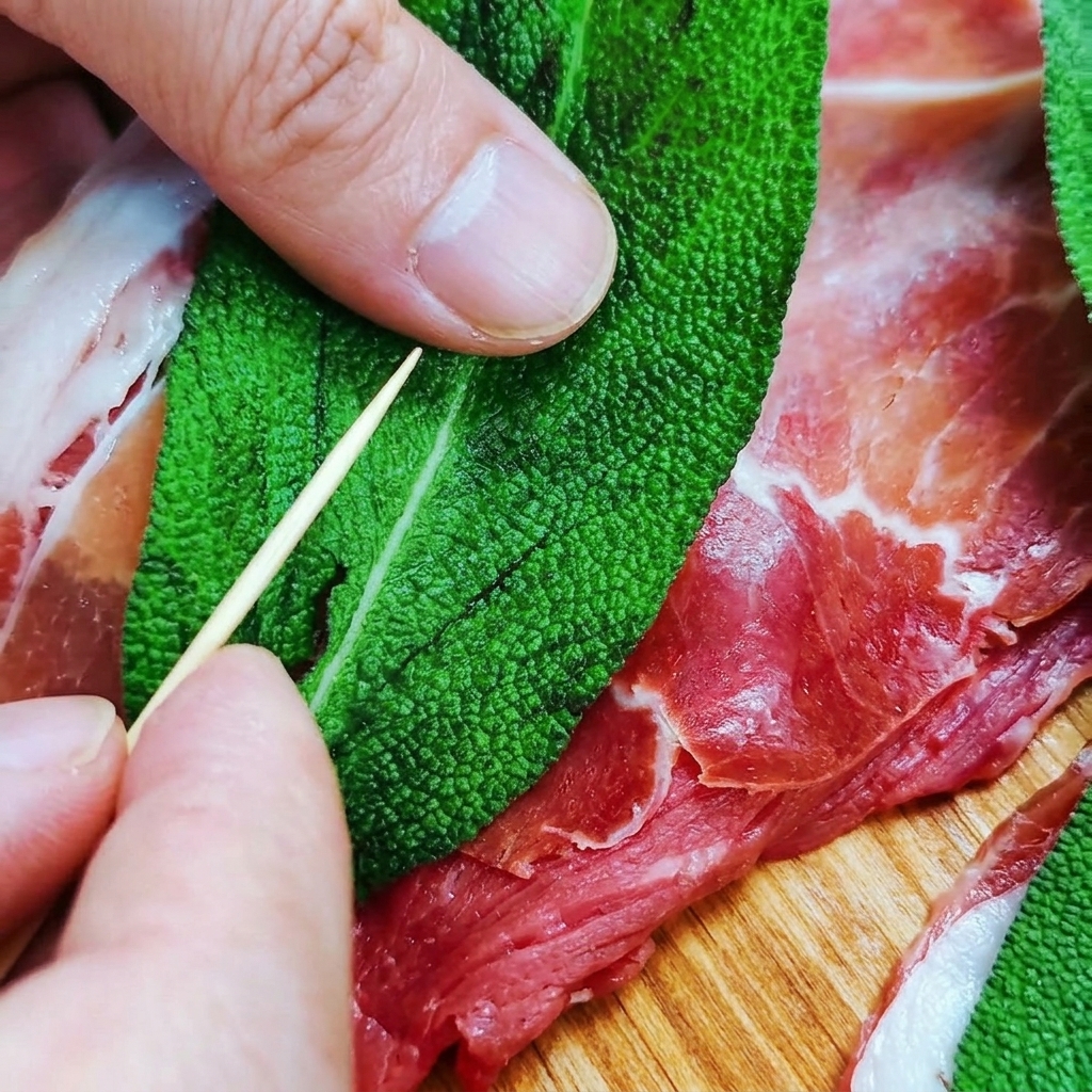 Gros plan dun cure-dent en bois piquant la feuille de sauge, le prosciutto et le veau.