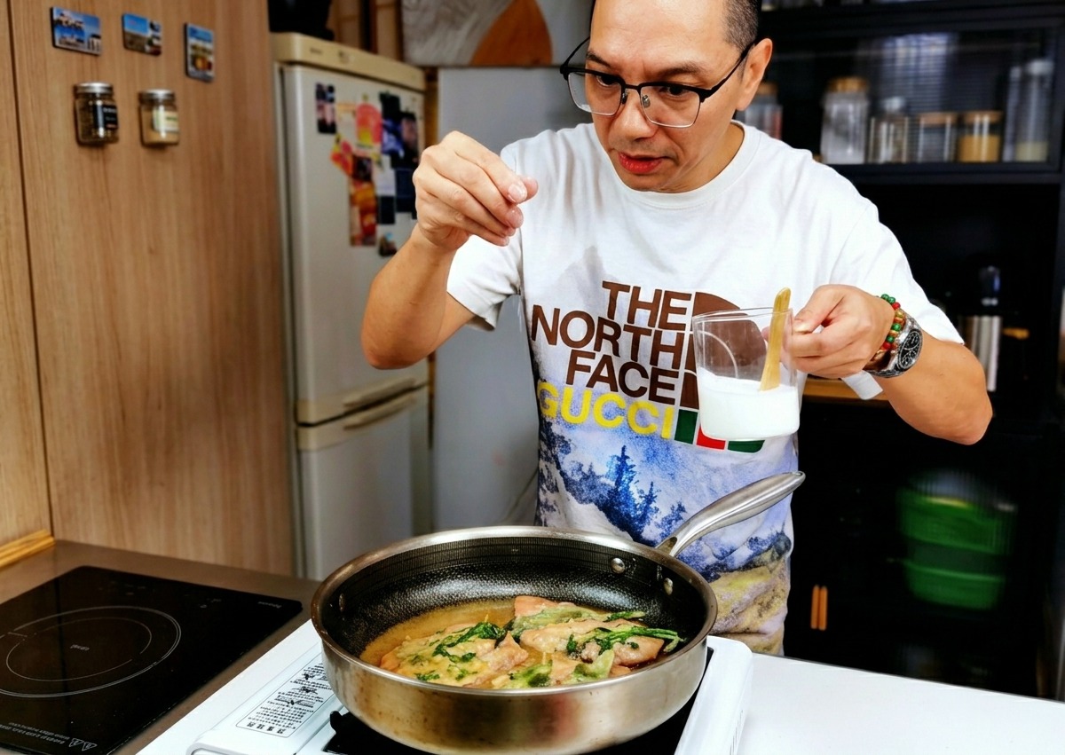 Chef parsemant une pincée de sel sur les saltimbocccas frémissant dans la poêle.