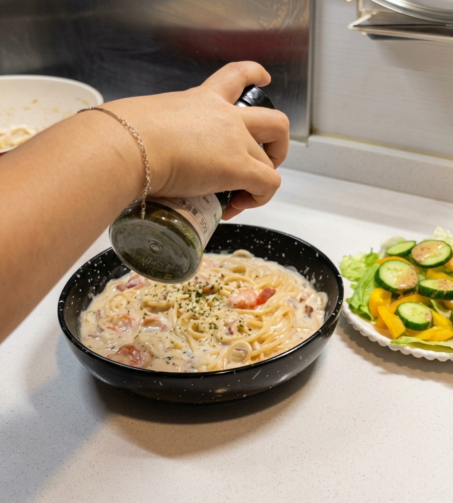 Une main saupoudrant du persil séché sur un bol de pâtes crémeuses aux crevettes terminé.