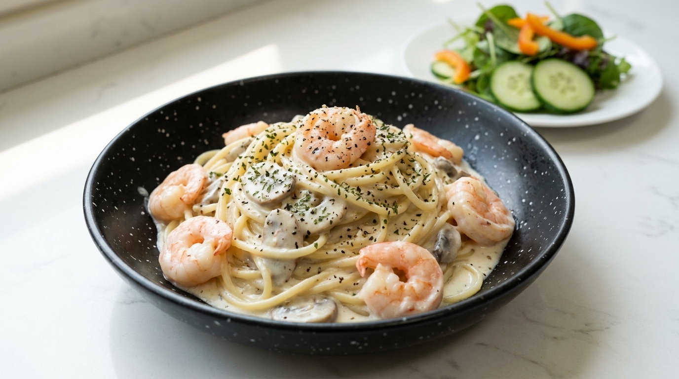 Pâtes crémeuses légères aux crevettes et champignons