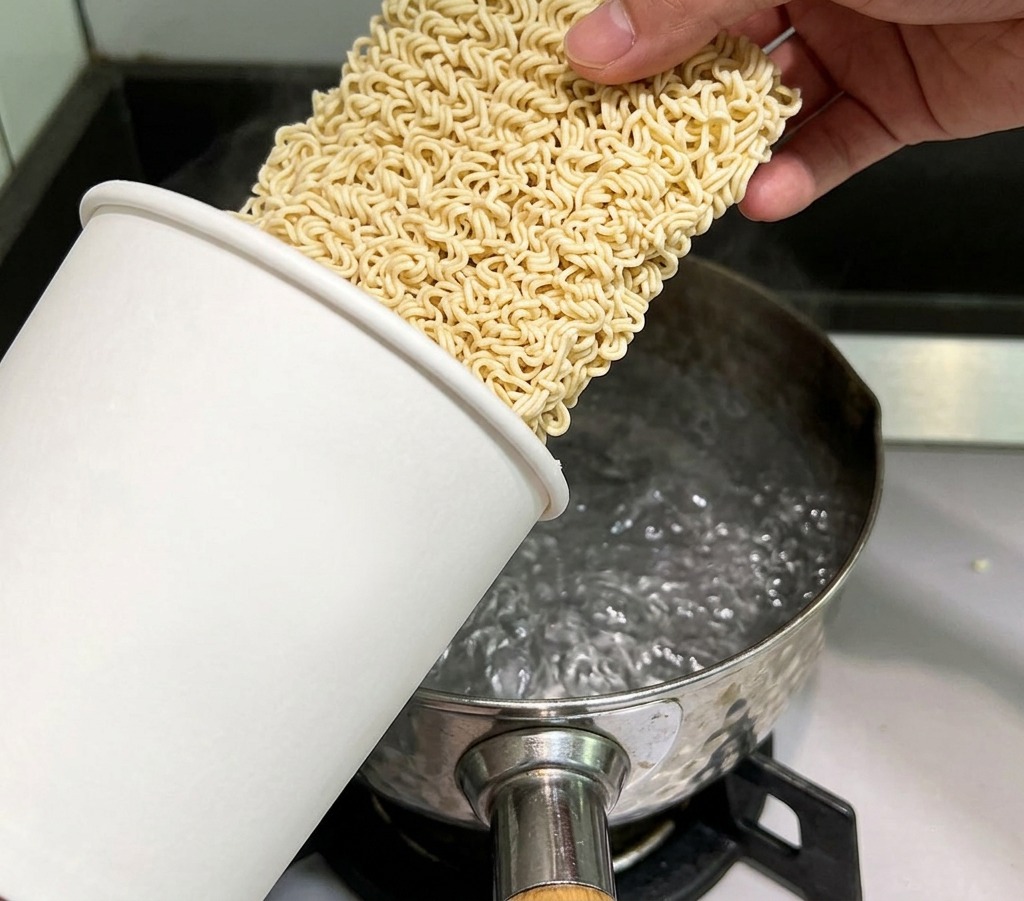 Un bloc de nouilles instantanées ondulées est plongé dans une casserole en inox remplie deau bouillante.