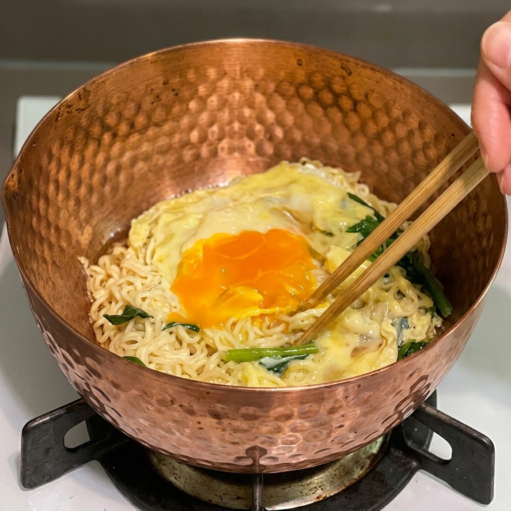 Des tranches de fromage fondu et un œuf poché sur un lit de nouilles et dépinards dans une casserole en cuivre, mélangés avec des baguettes.