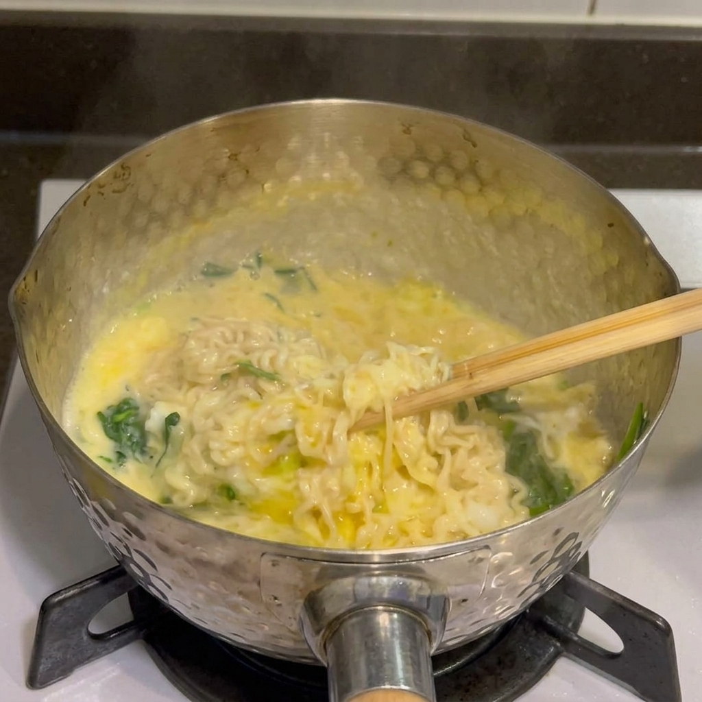 Gros plan sur des nouilles crémeuses au fromage et aux épinards assaisonnées de poivre noir dans une casserole.