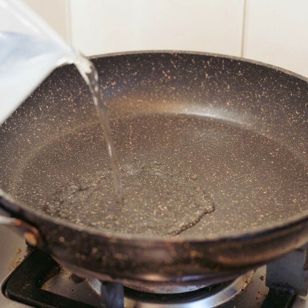 De leau versée depuis une carafe dans une poêle antiadhésive foncée posée sur une cuisinière à gaz.