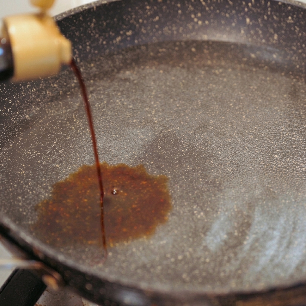 De la sauce soja brun foncé versée depuis une bouteille au bouchon doré dans une poêle remplie deau, créant un tourbillon sombre.