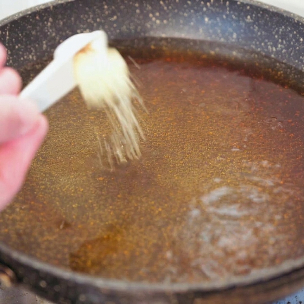 Une main ajoutant des spaghetti au blé complet secs et une petite mesure de bouillon de poulet en poudre dans la poêle deau frémissante assaisonnée.