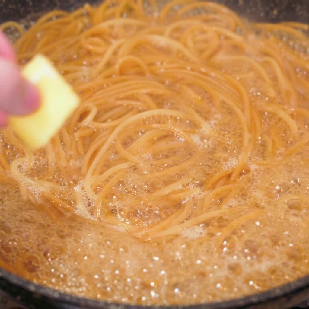 Gros plan sur des spaghetti au blé complet cuits dans une poêle, avec une main déposant un cube de beurre jaune au centre.