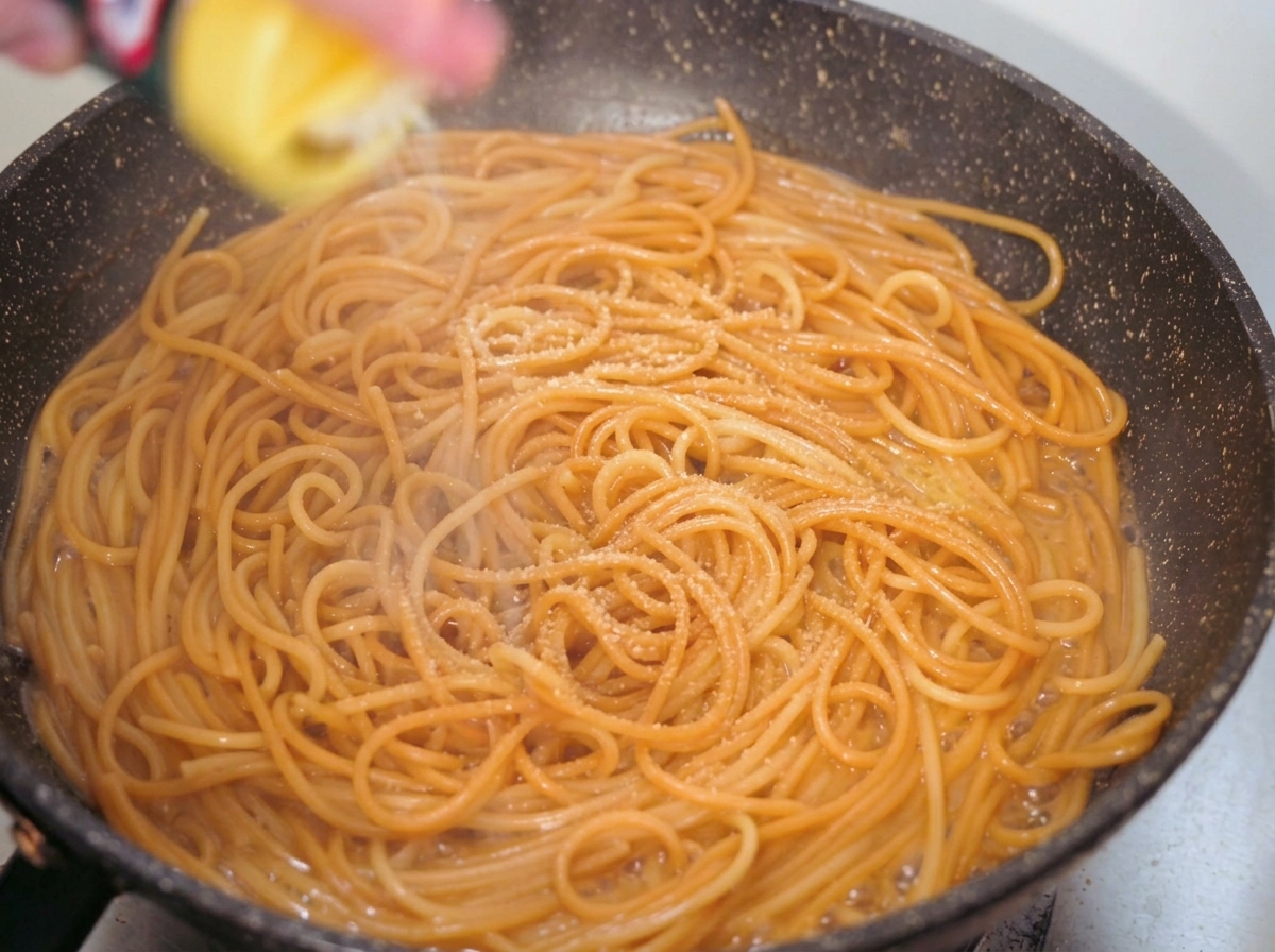 Du fromage en poudre jaune saupoudré depuis un flacon sur des spaghetti cuits dans une poêle foncée.