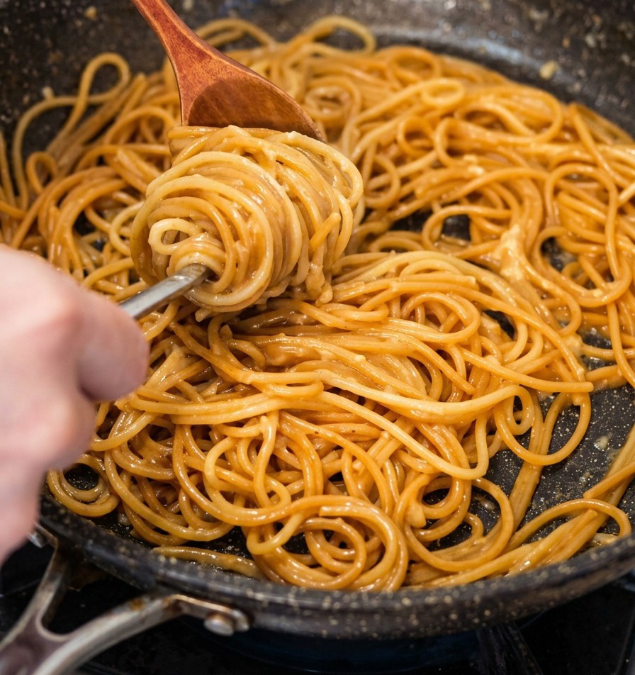 Gros plan sur une cuillère en bois et une fourchette en métal utilisées pour enrouler une portion de spaghetti brillants et nappés de fromage dans une poêle.