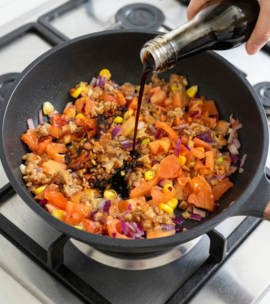 Une sauce sombre et savoureuse versée depuis une bouteille en verre dans une poêle où mijotent du bœuf, du maïs et des tomates.