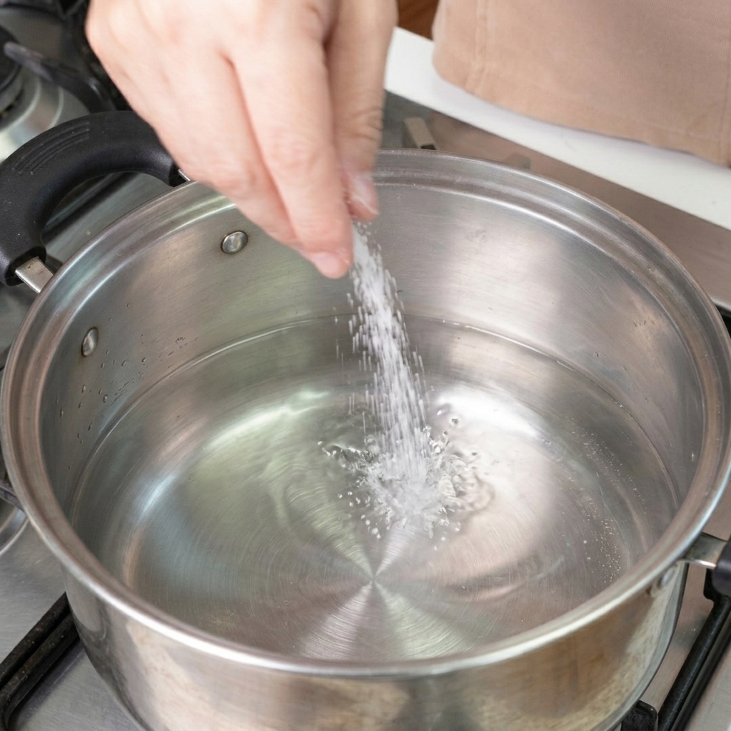 Une main jetant une poignée de sel blanc dans une casserole en inox remplie deau bouillante à gros bouillons.