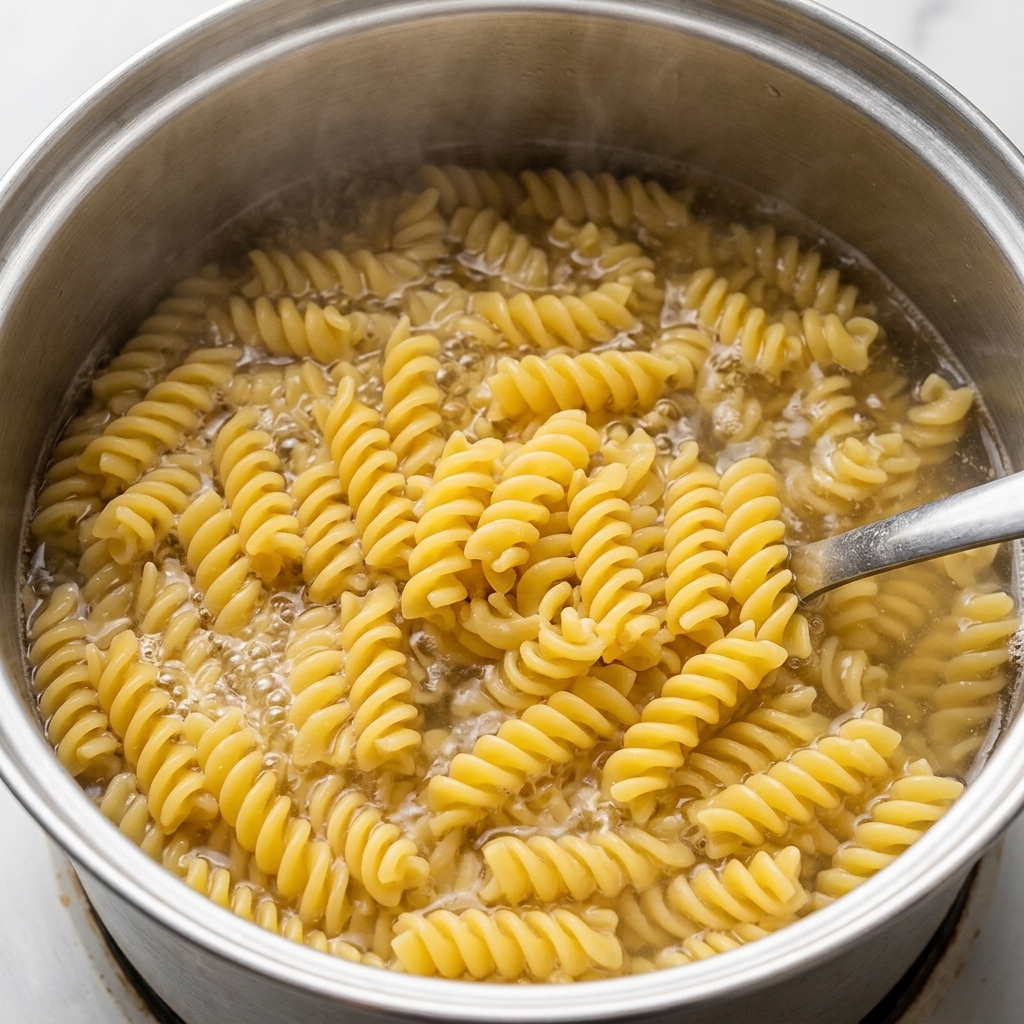 Une écumoire en métal soulevant des fusillis cuits et tendres hors dune casserole deau chaude fumante.