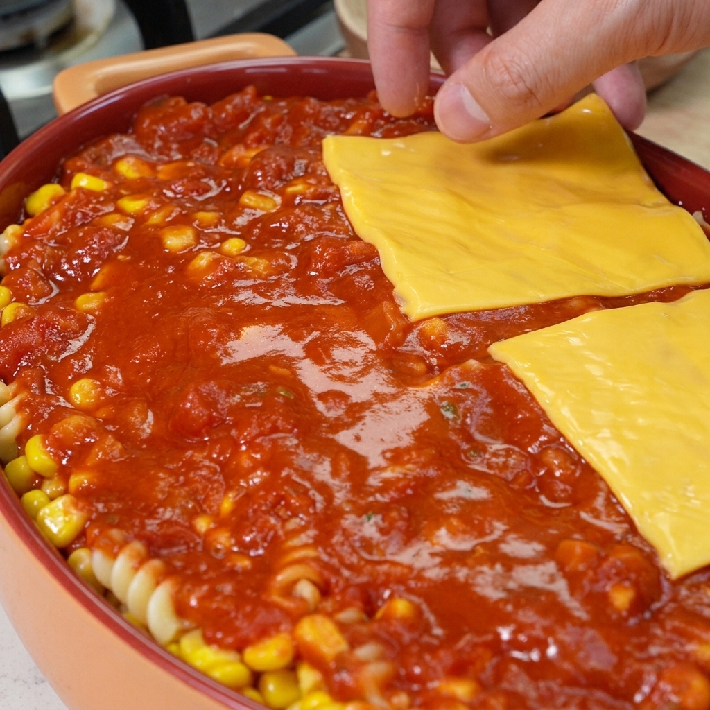 Une main déposant des tranches carrées de cheddar jaune sur une couche généreuse de sauce tomate rouge dans un plat à gratin.