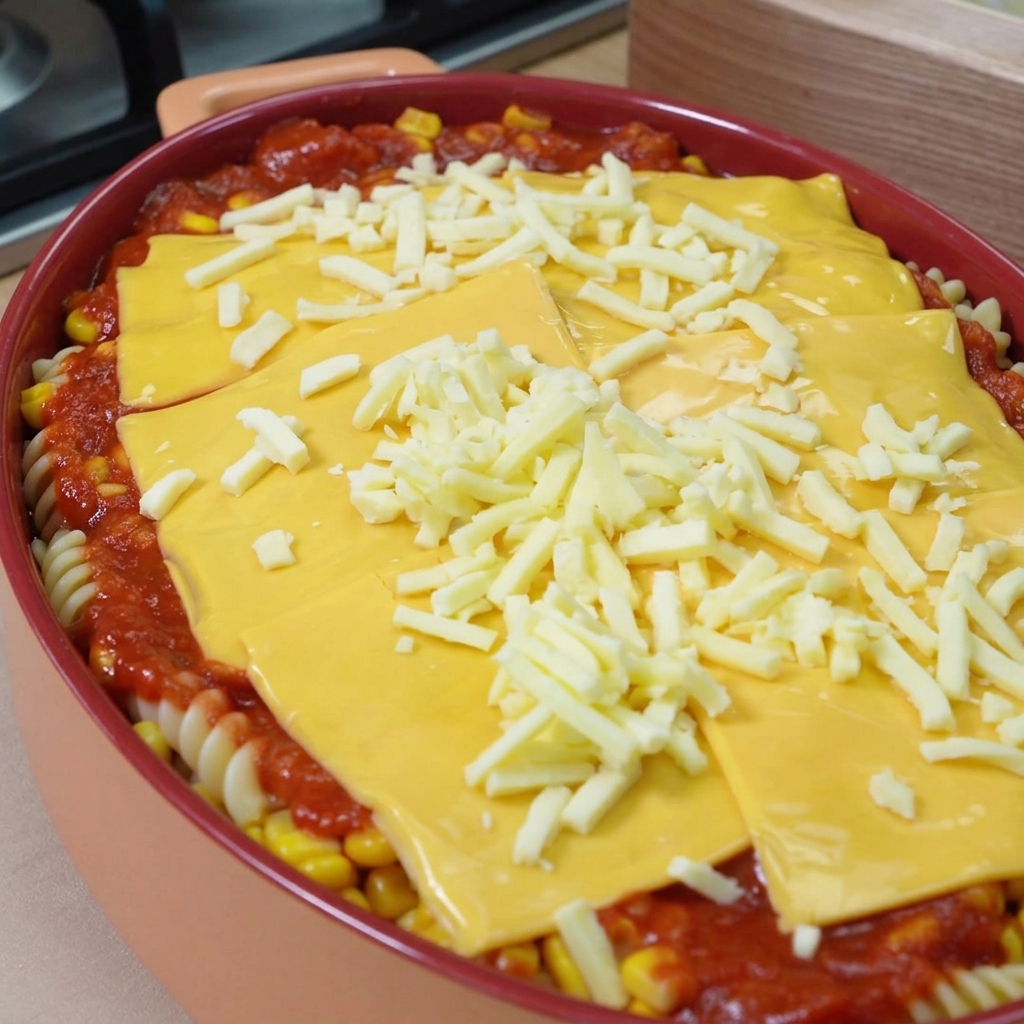 Un plat à gratin rempli de pâtes et de sauce, surmonté de tranches de cheddar jaune et dune épaisse couche de mozzarella blanche râpée.