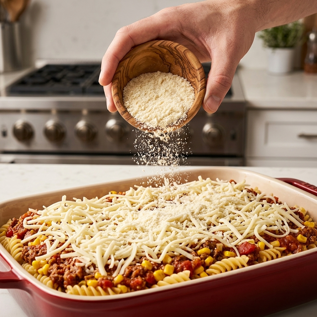 Une main parsemant du parmesan en poudre depuis un petit bol en bois sur une couche de mozzarella râpée.