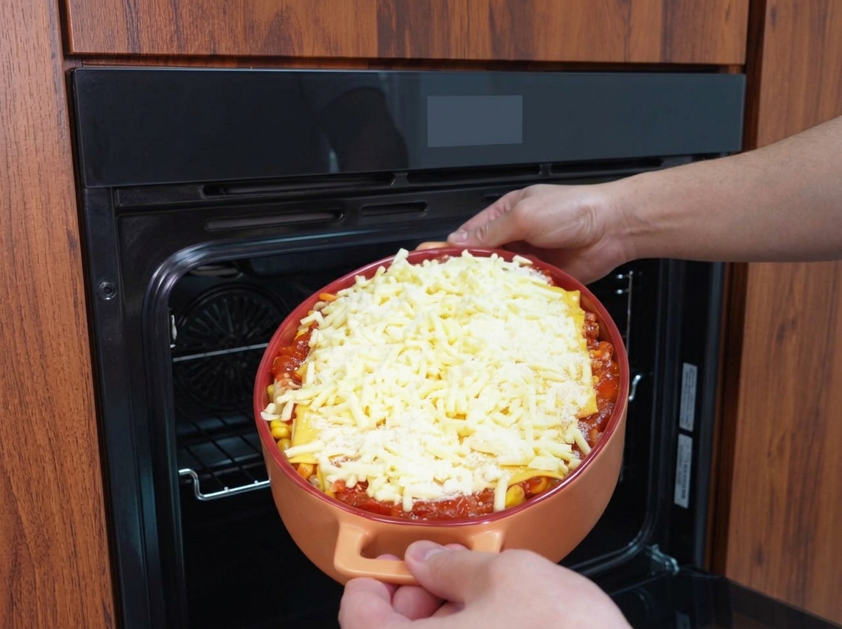 Deux mains insérant délicatement un plat à gratin en céramique rempli de pâtes et de fromage dans un four sombre et préchauffé.