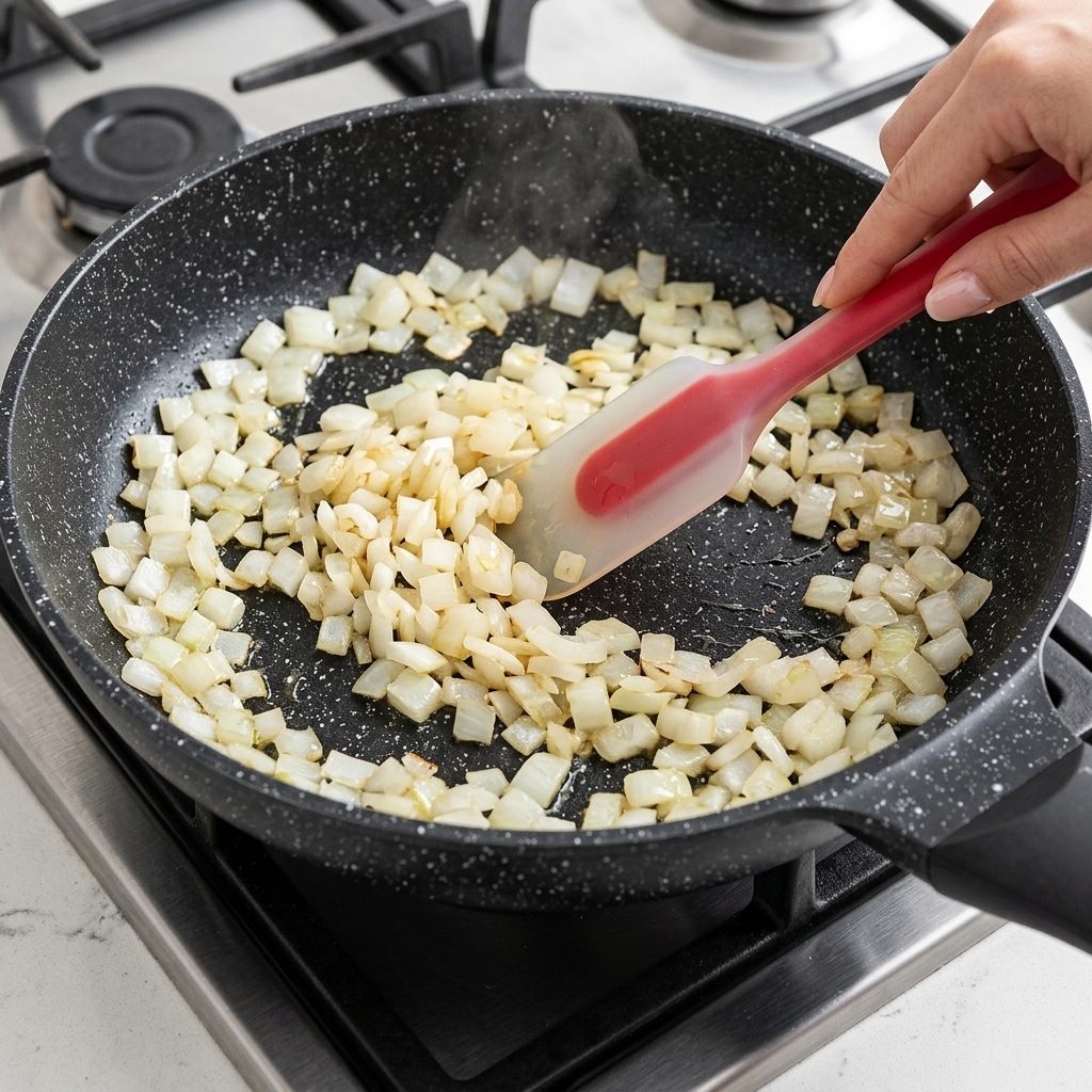 Dés doignons mélangés avec une spatule rouge dans une poêle noire mouchetée sur une cuisinière à gaz.