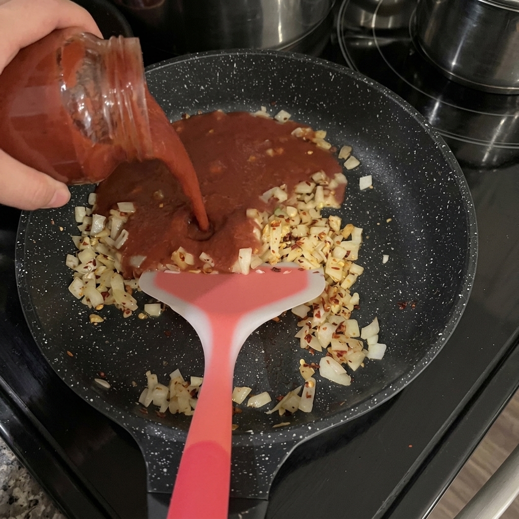Une main versant de la sauce tomate rouge depuis un bocal en verre dans une poêle contenant les oignons et le piment.