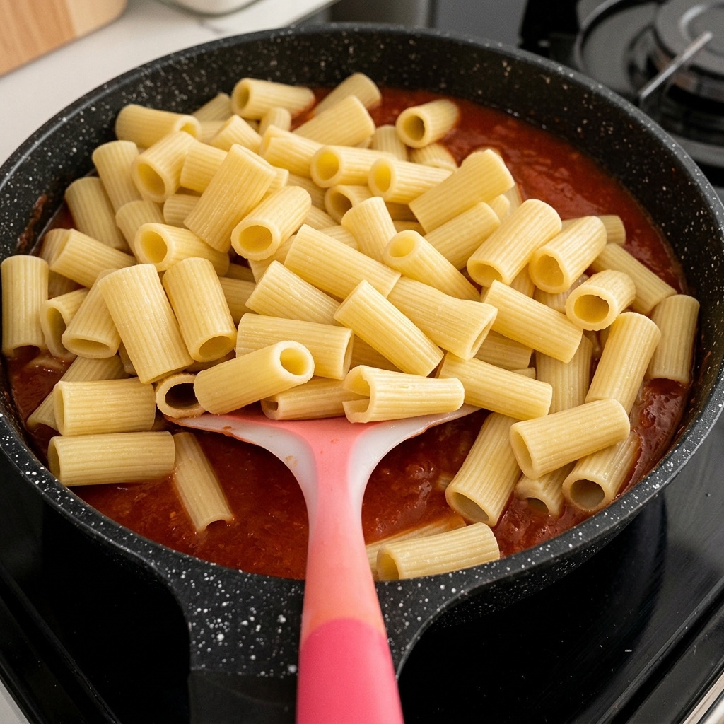 Tubes de rigatoni cuits empilés sur une sauce tomate rouge dans une poêle noire, prêts à être mélangés.