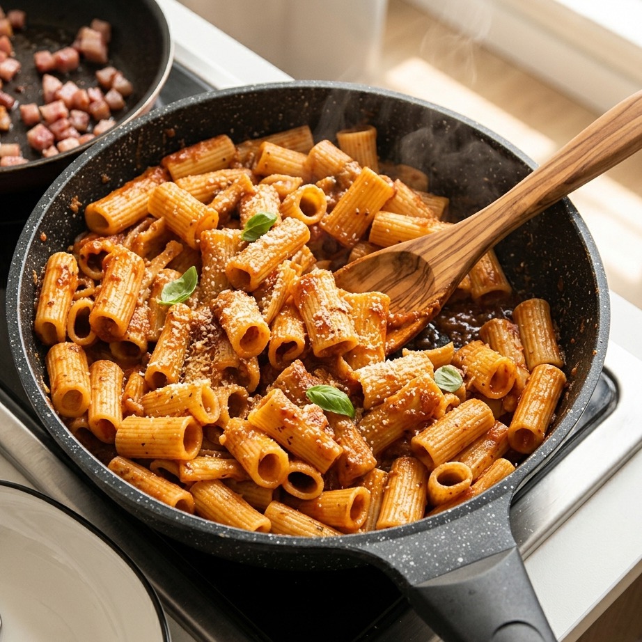 Une cuillère en bois mélangeant des rigatoni dans une sauce tomate rouge épaisse au sein dune poêle noire doù séchappe de la vapeur.